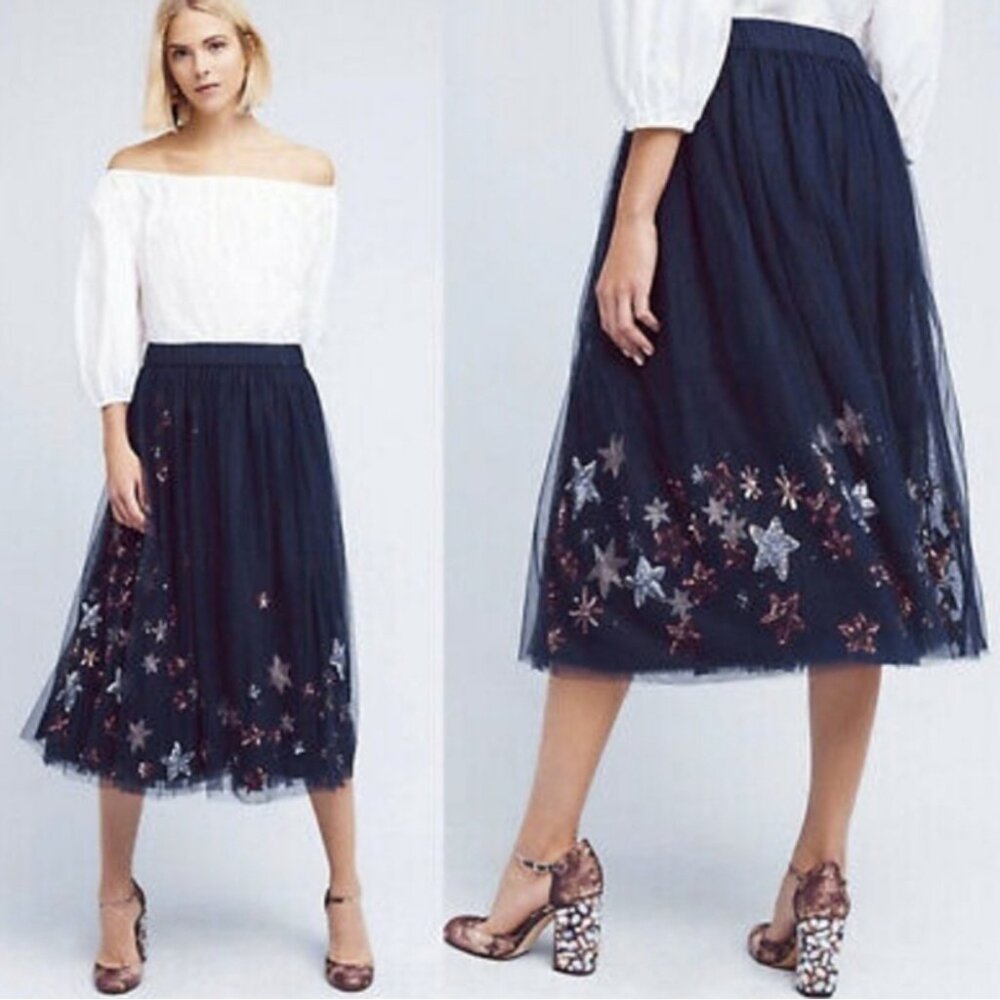Anthropologie Moulinette Soeurs Sequins Stars and Moon Tulle Ballet Midi Skirt